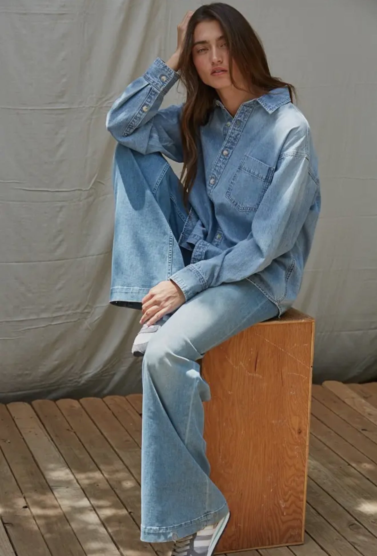 Woven Cotton Denim Button-Down Long Sleeve Shirt