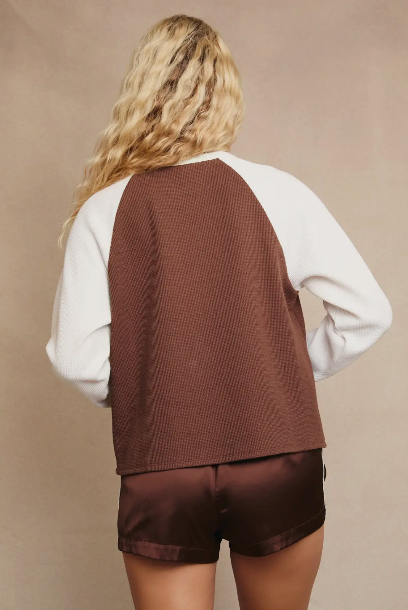 Raglan Long Sleeve Round Neck Color Block Waffle Top