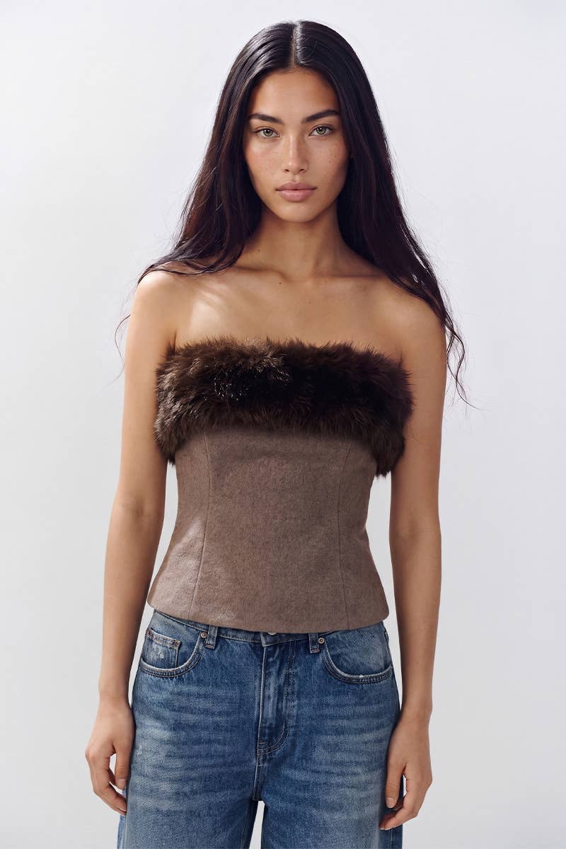 Mocha Faux Fur Trim Top