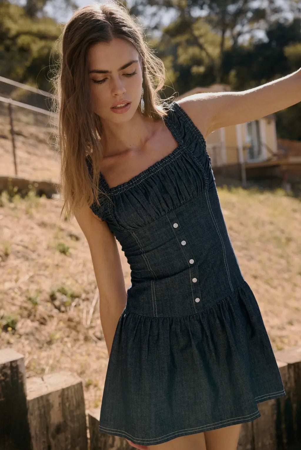 Washed Texture Wide Strap Casual Mini Dress