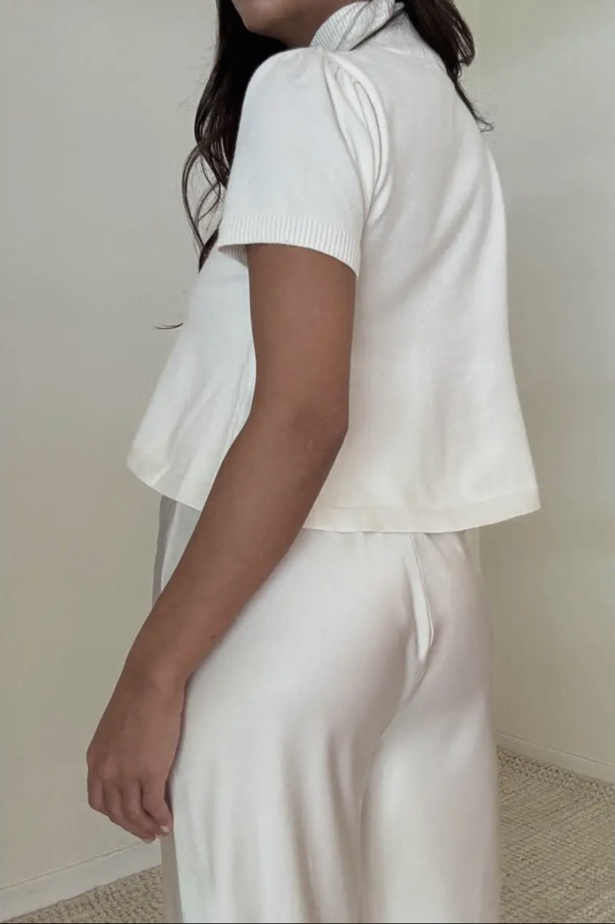 Knit Puff Short Sleeves High Neck Flare Hem Top