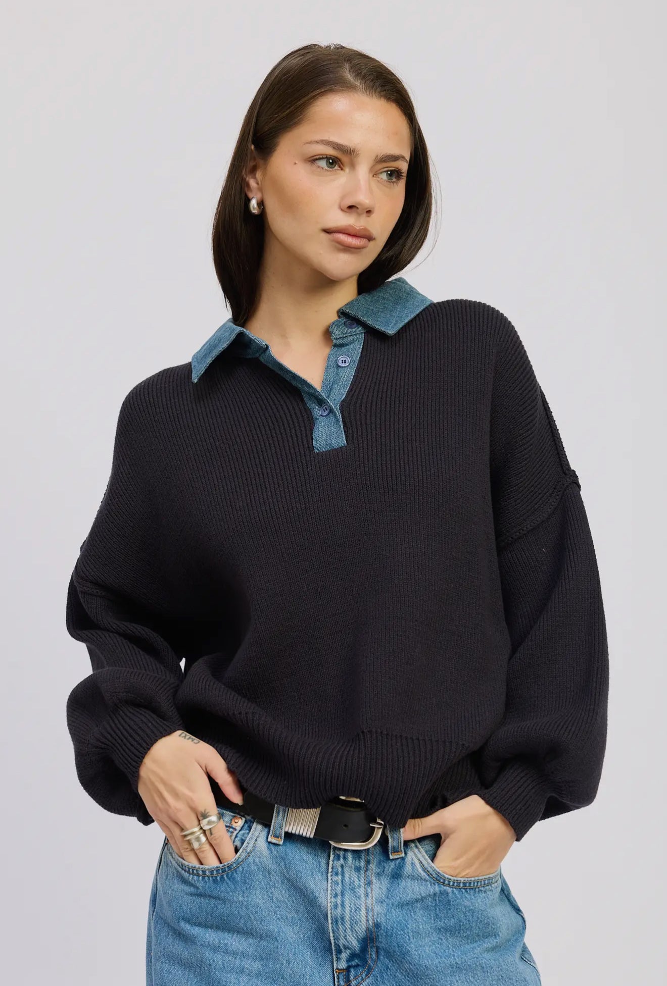 Contrasted Oversize Sweater with Collar