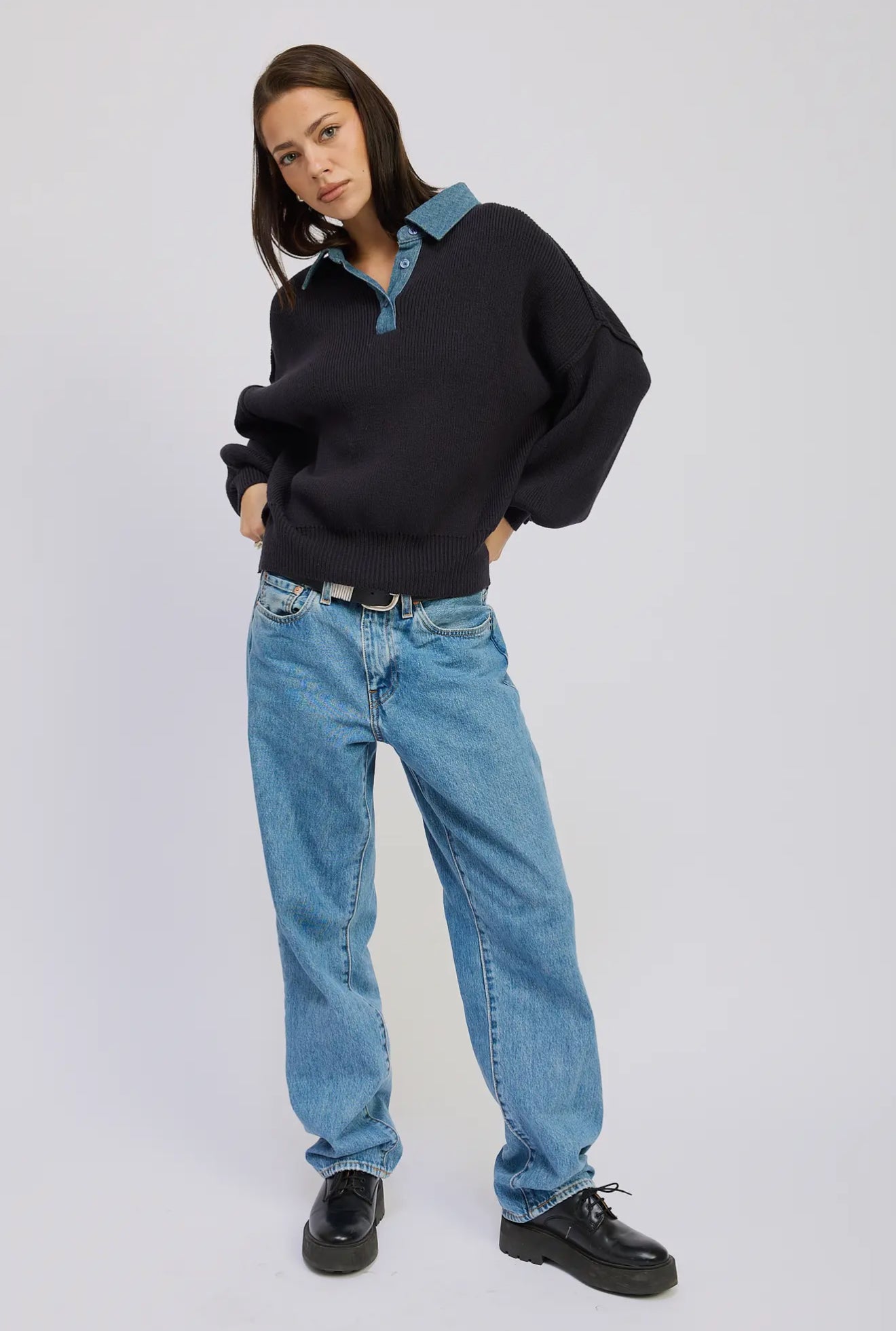 Contrasted Oversize Sweater with Collar
