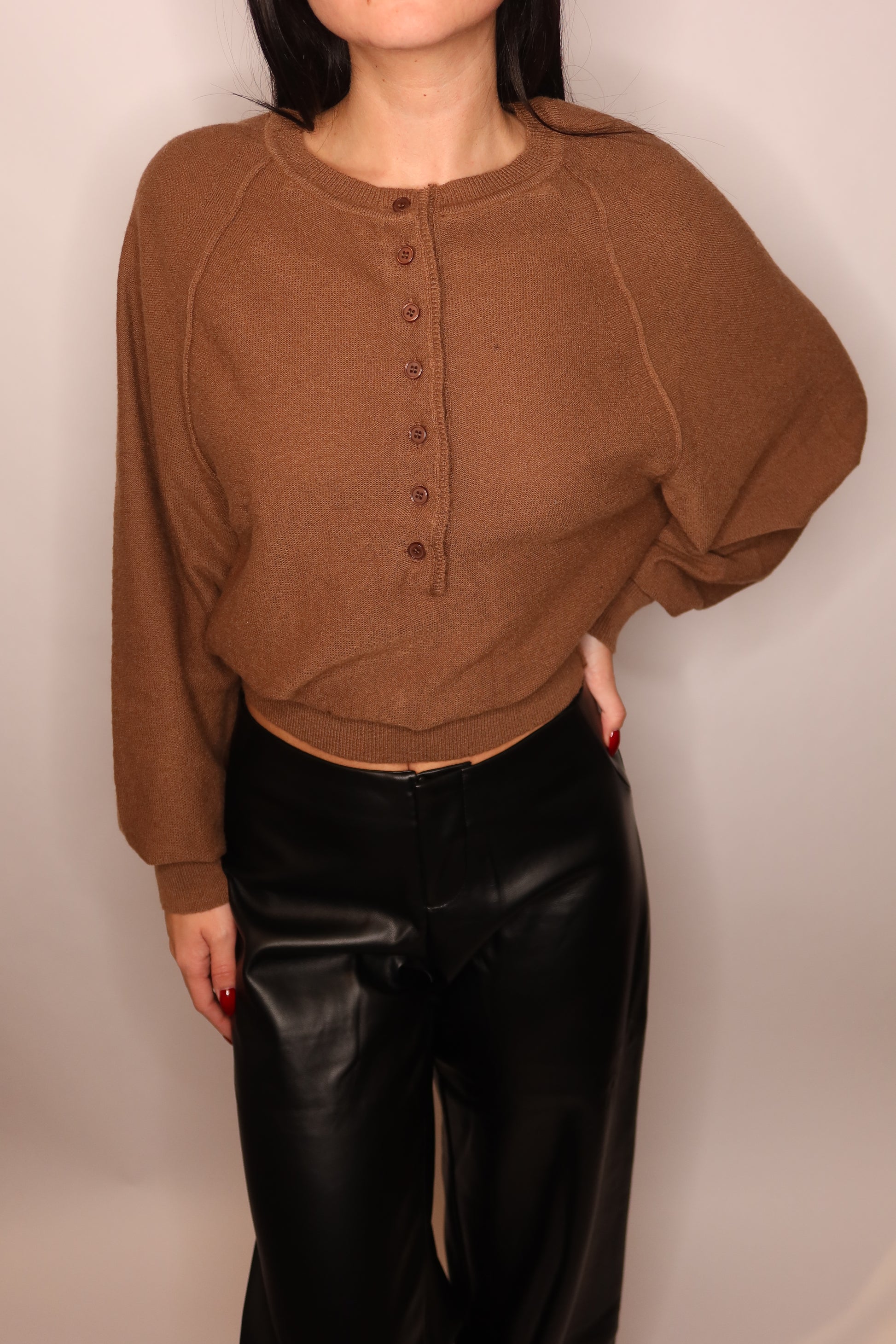 Crop Crew Neck Button Sweater