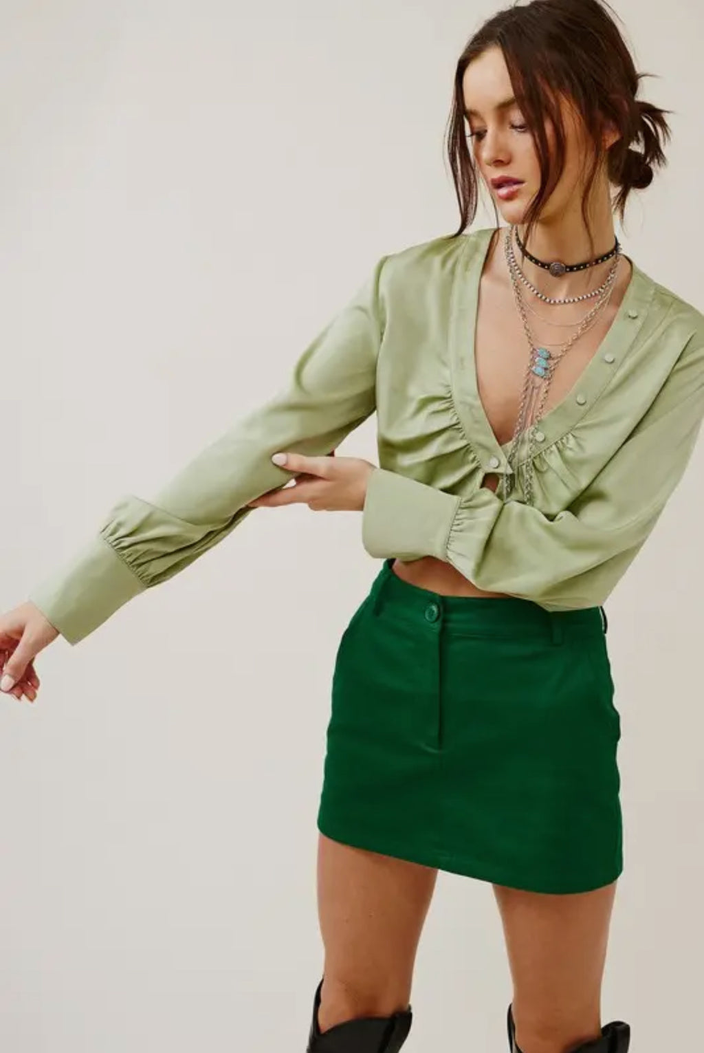 V Neck Satin Crop Blouse with Button Accents