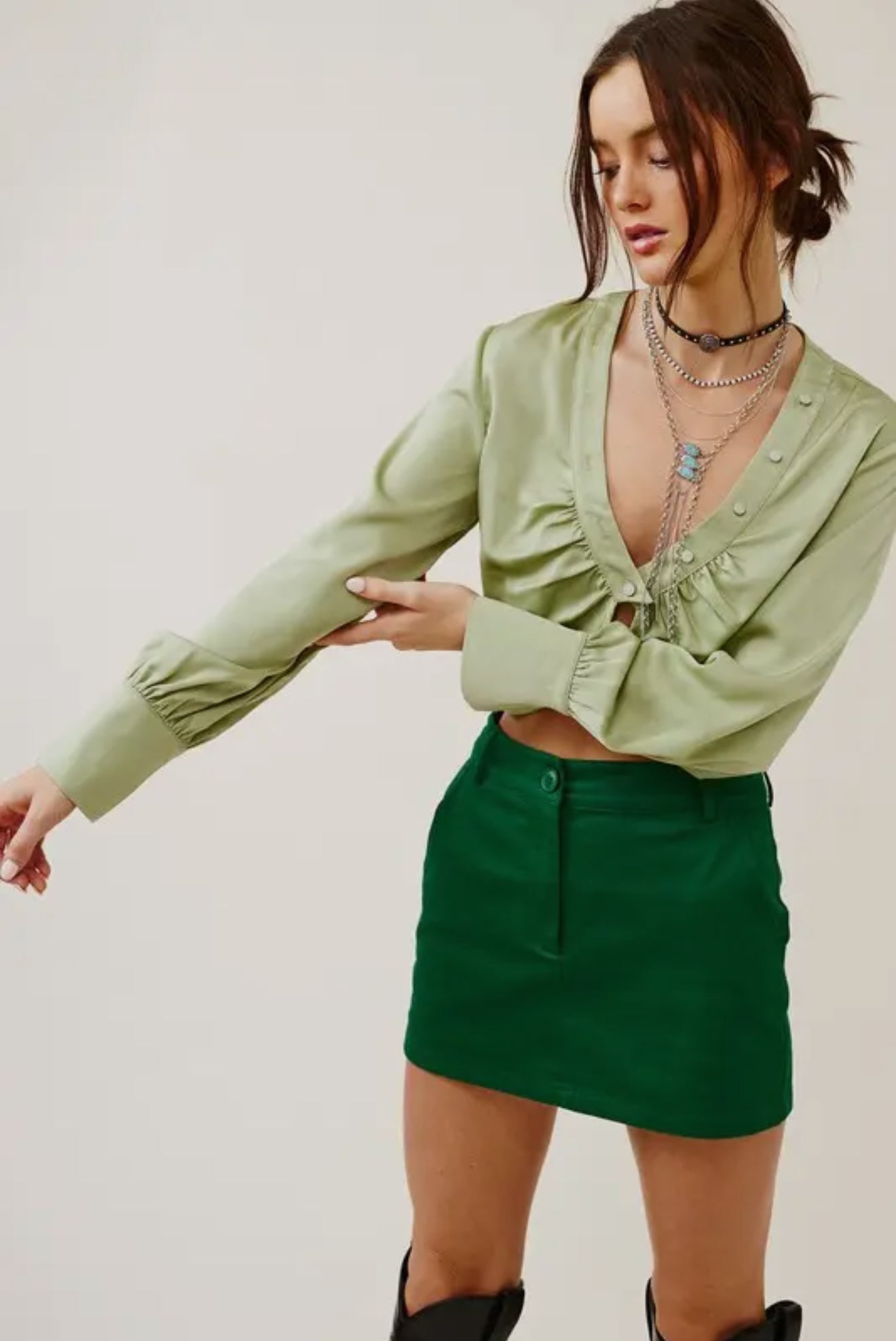 V Neck Satin Crop Blouse with Button Accents