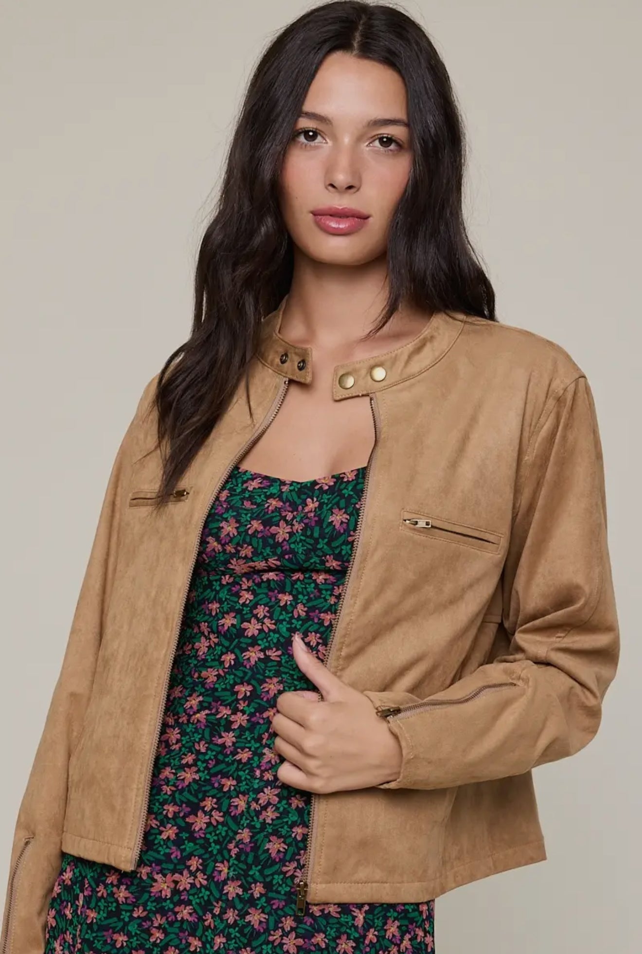 Suede Solid Color Neck Buttons Casual Jacket