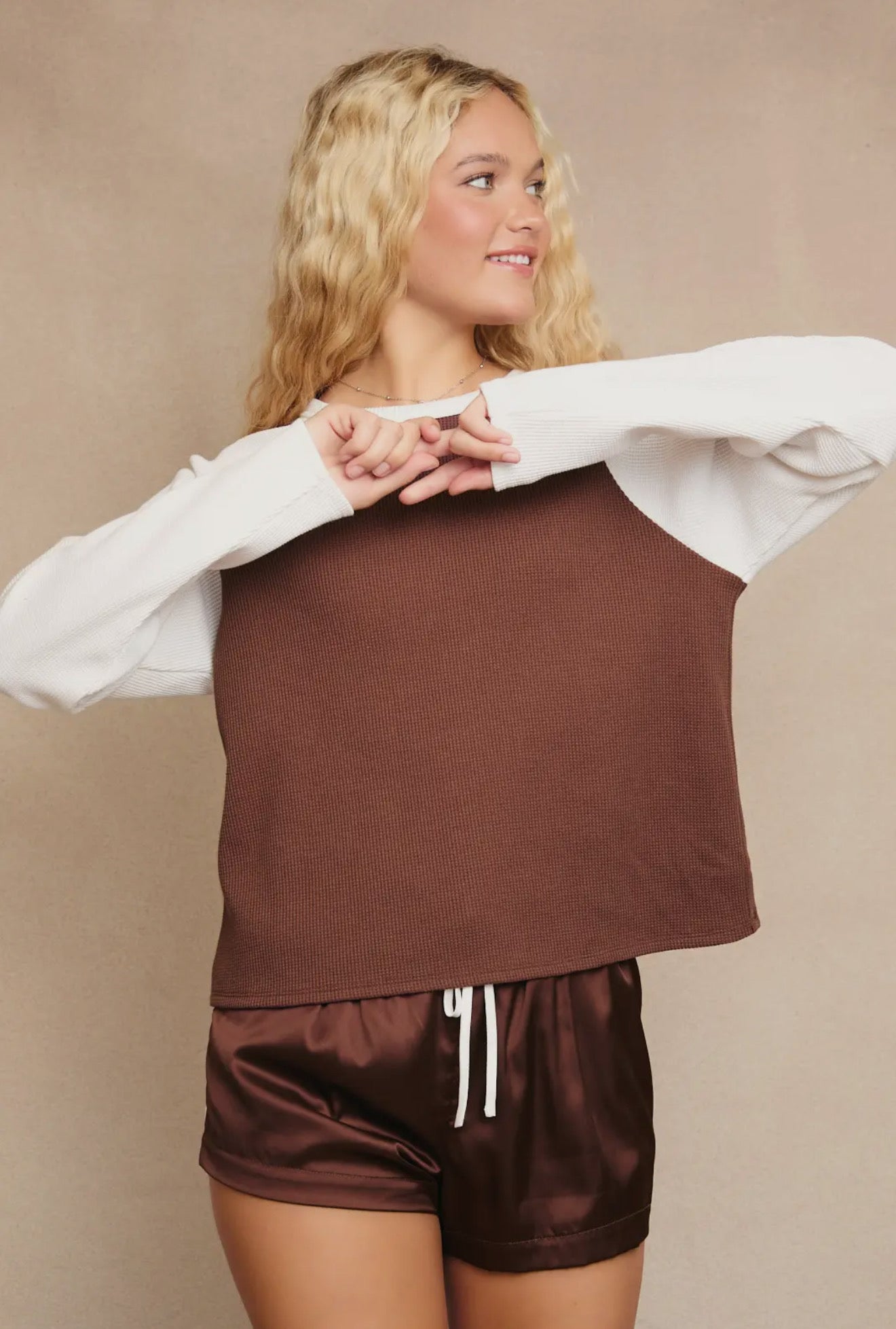 Raglan Long Sleeve Round Neck Color Block Waffle Top