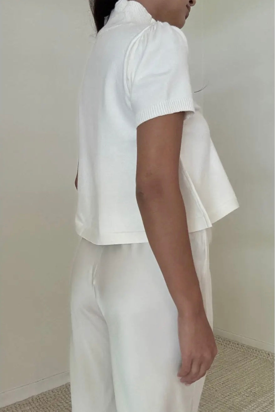 Knit Puff Short Sleeves High Neck Flare Hem Top