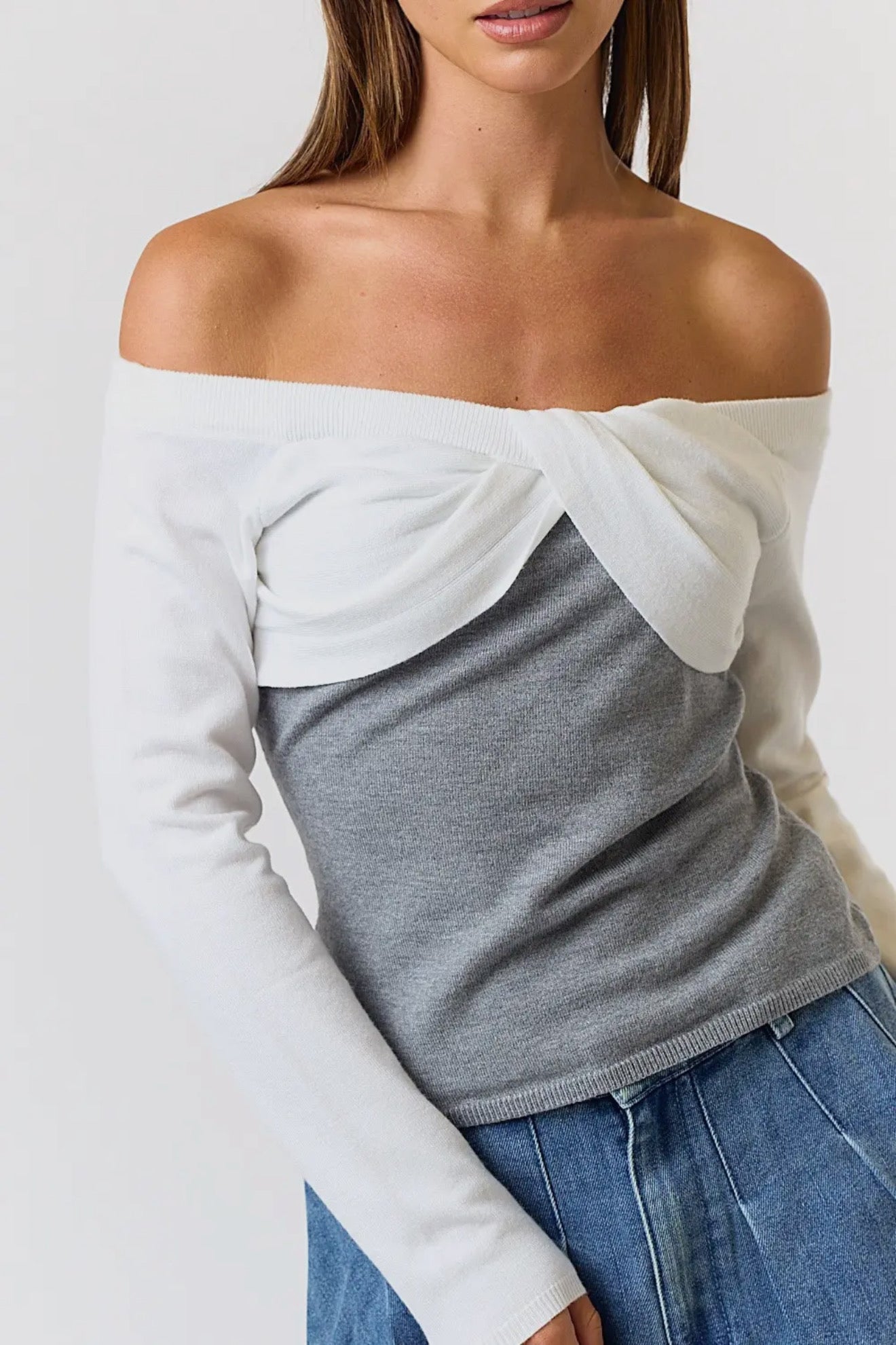 Twisted Front Contrast Off Shoulder Sweater Top