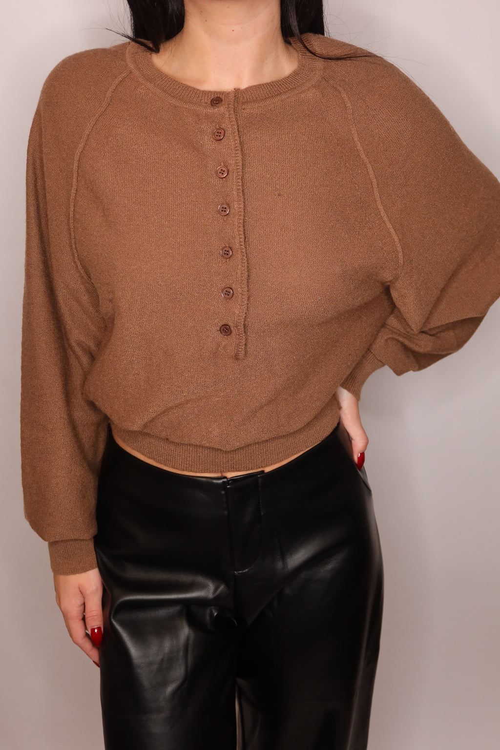Crop Crew Neck Button Sweater