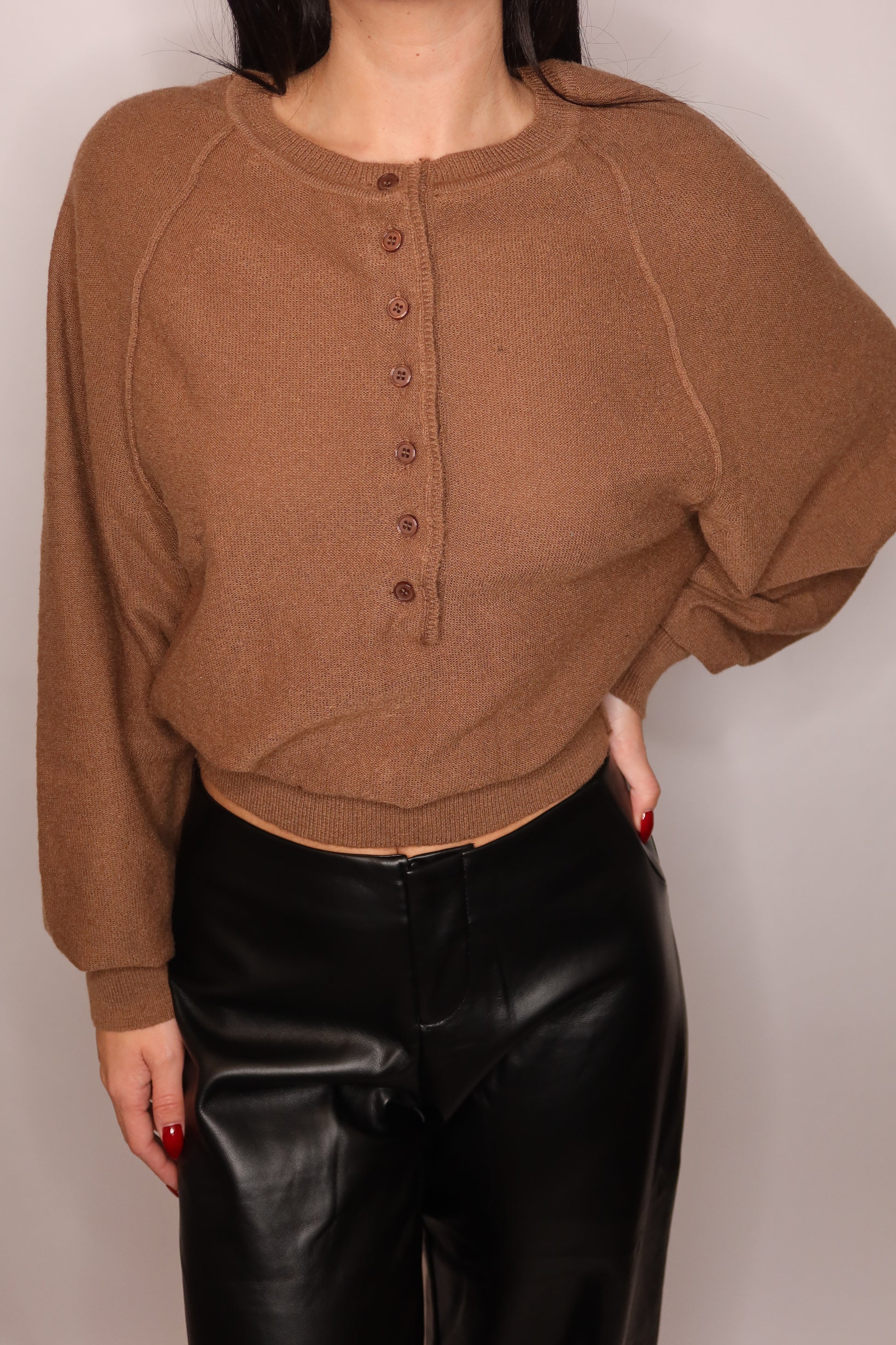 Crop Crew Neck Button Sweater
