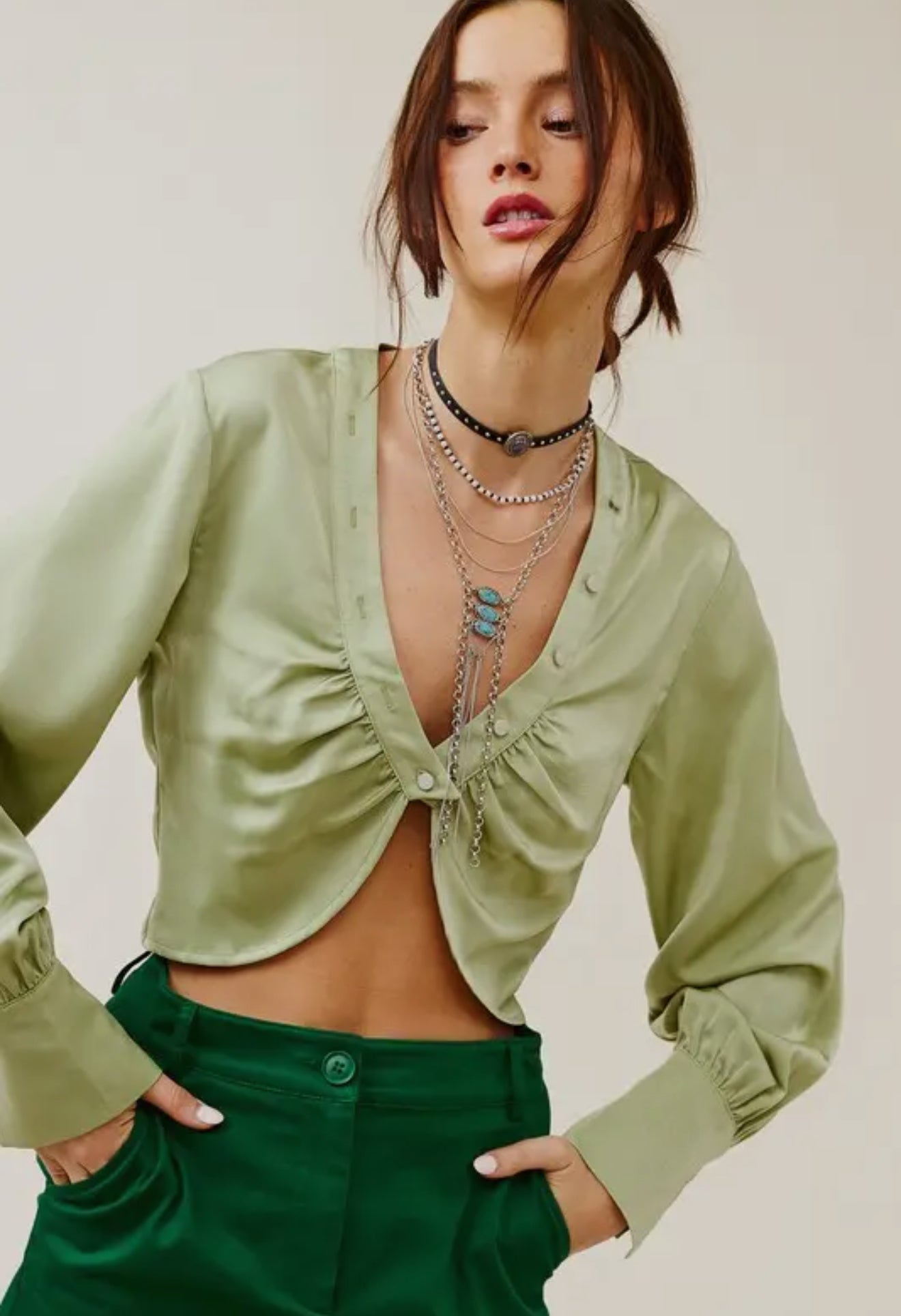 V Neck Satin Crop Blouse with Button Accents