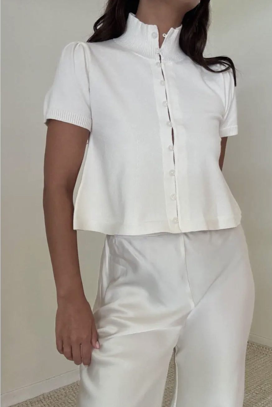 Knit Puff Short Sleeves High Neck Flare Hem Top
