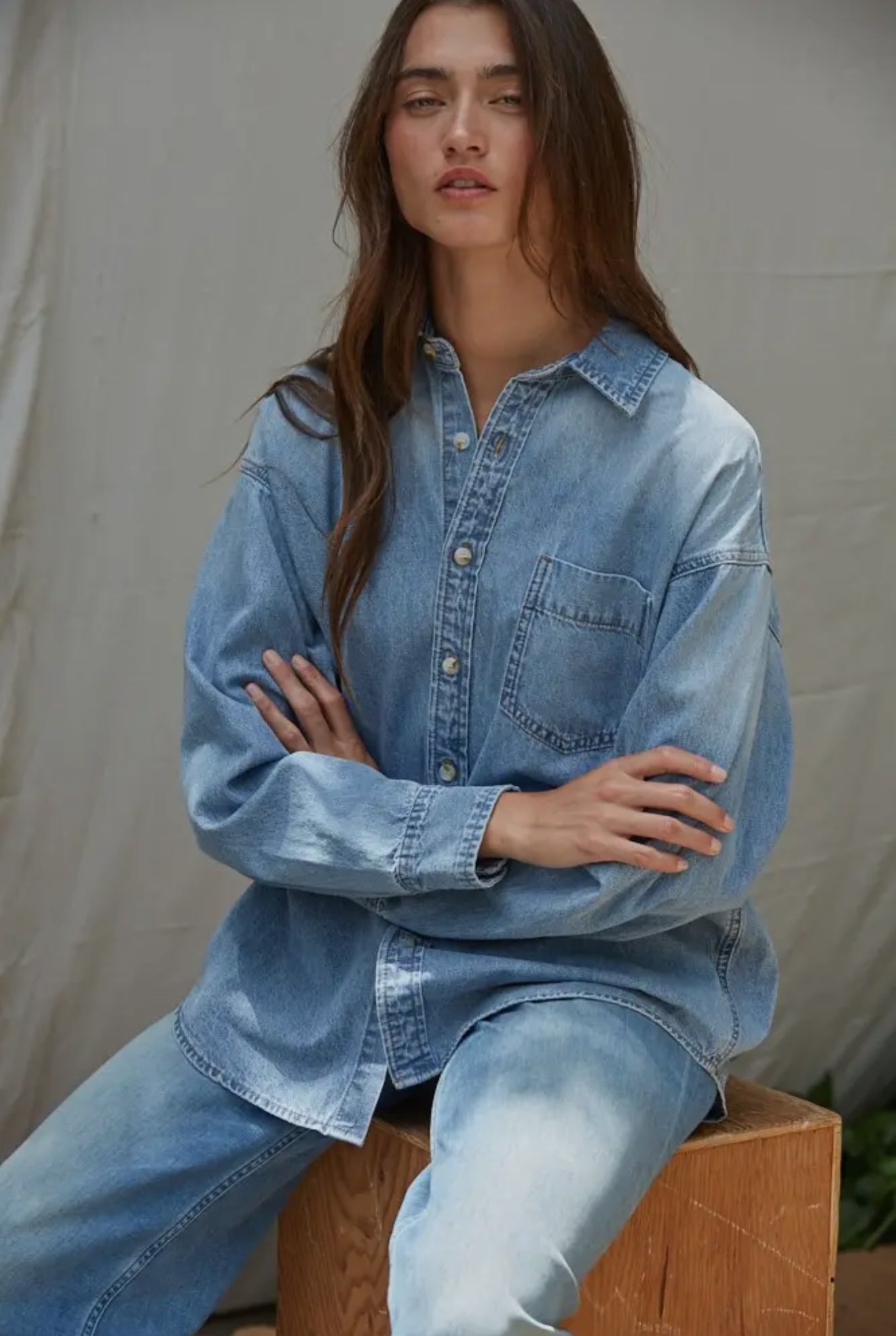 Woven Cotton Denim Button-Down Long Sleeve Shirt