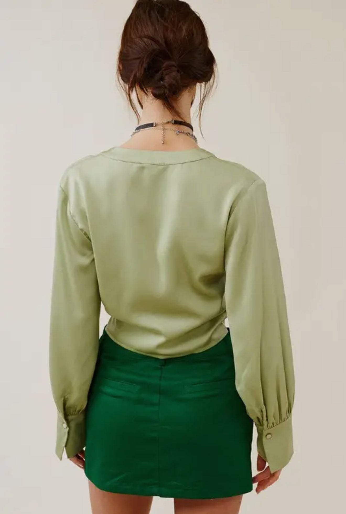 V Neck Satin Crop Blouse with Button Accents