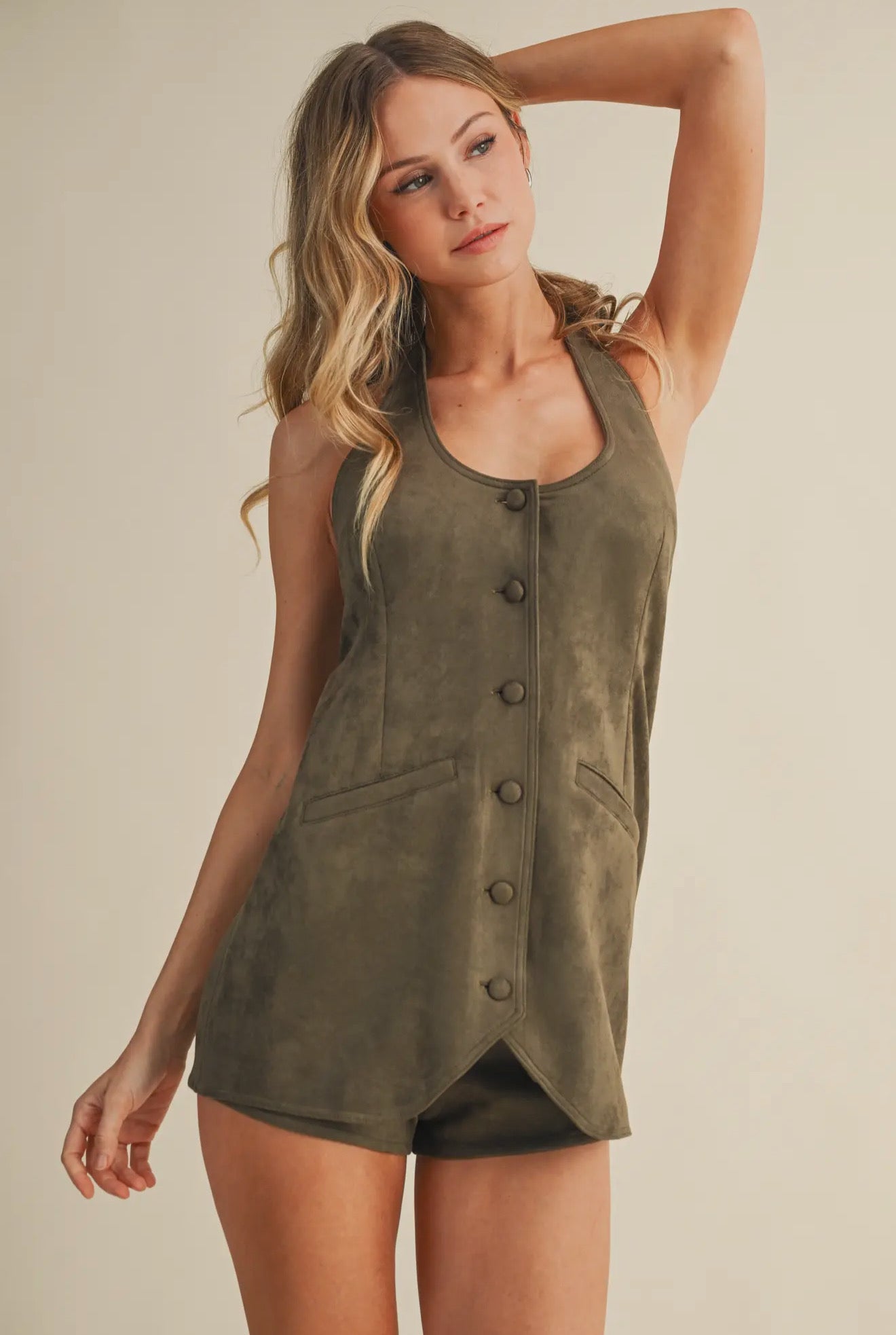 Unlined Suede Tie Neck Romper