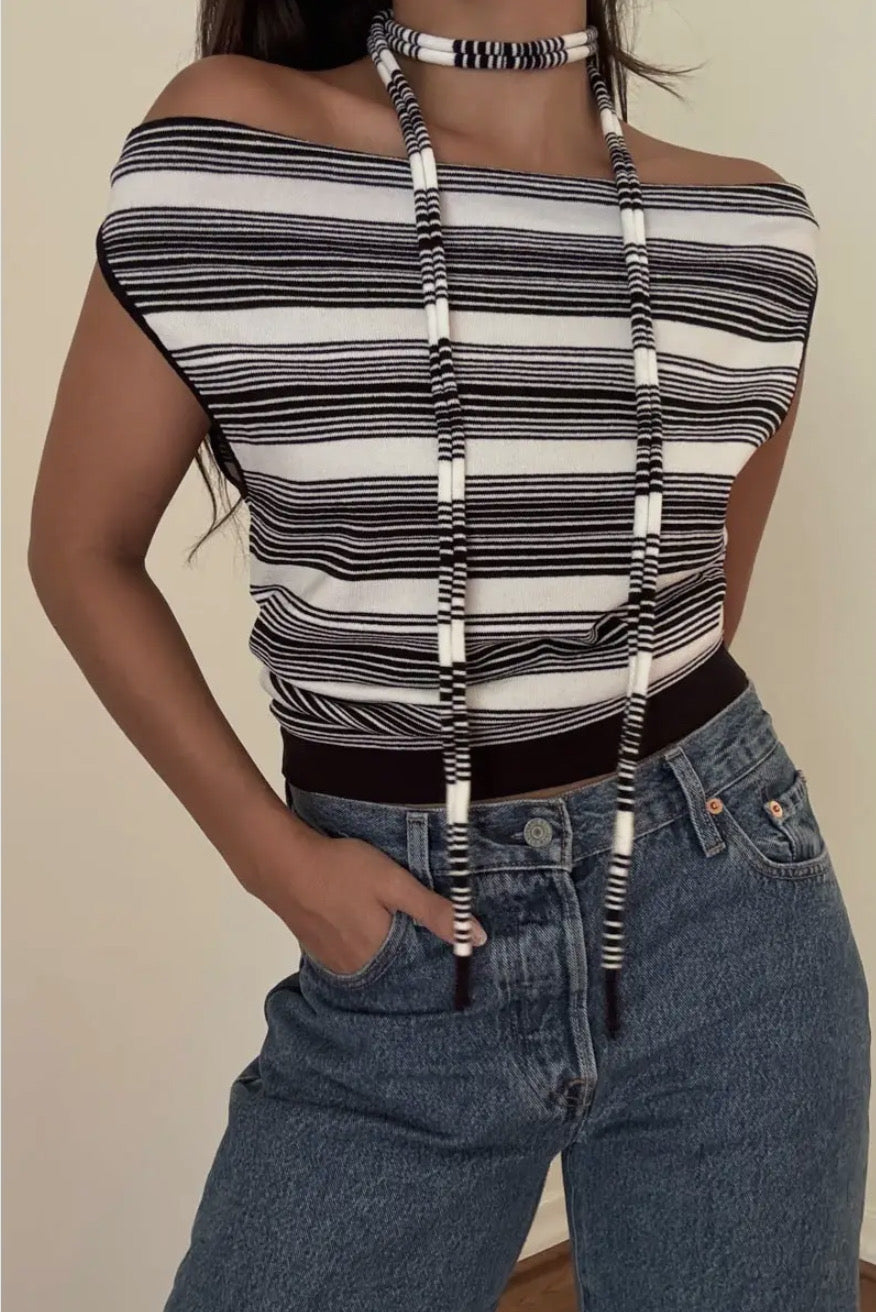 Striped Boat Neck Top with Scarf