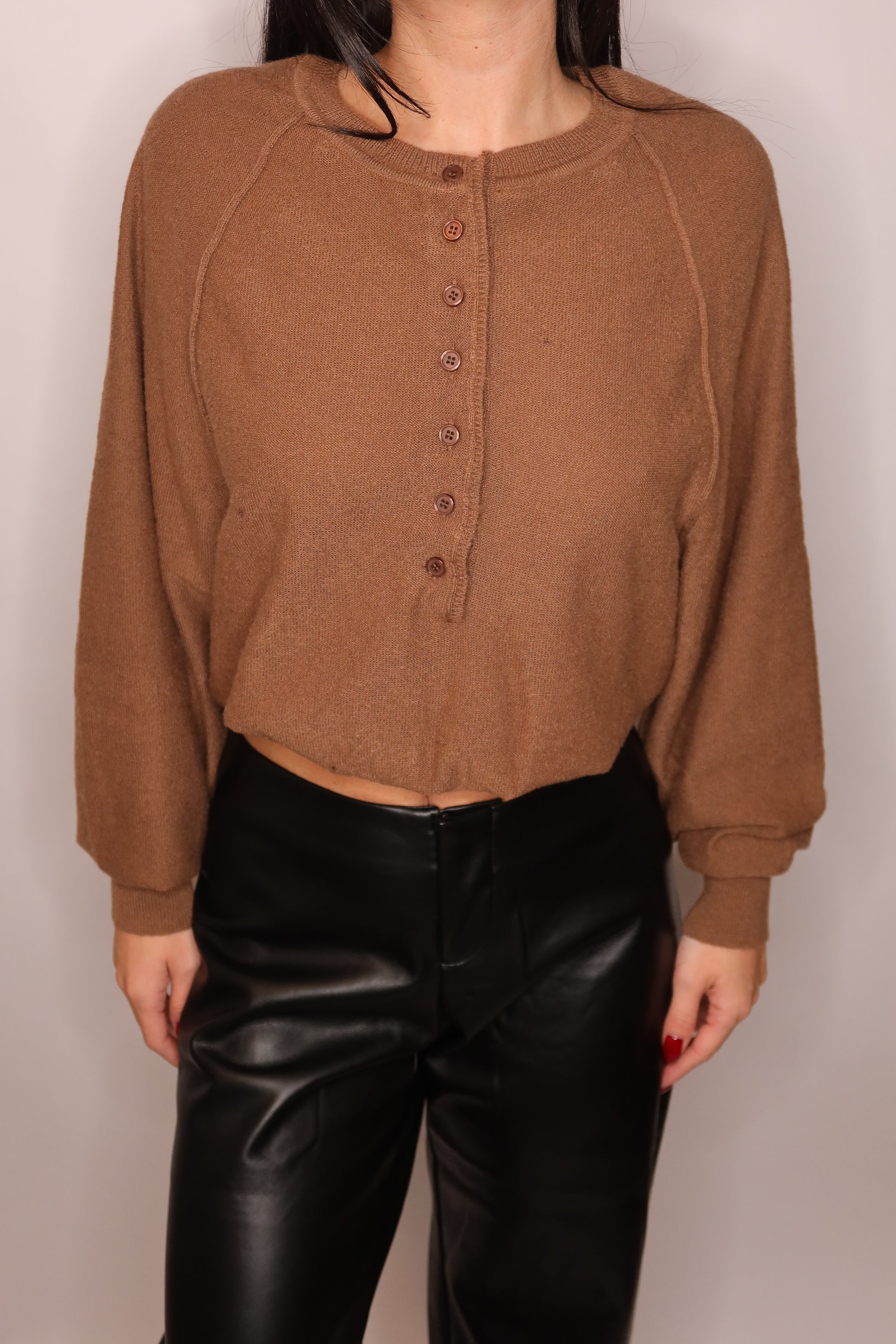 Crop Crew Neck Button Sweater