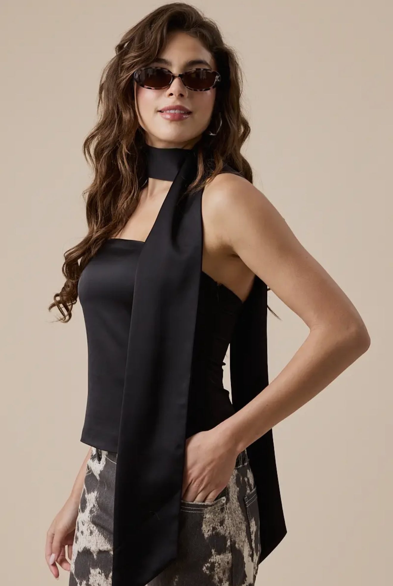 Neck Scarf Attached Solid Color Plain Tube Top