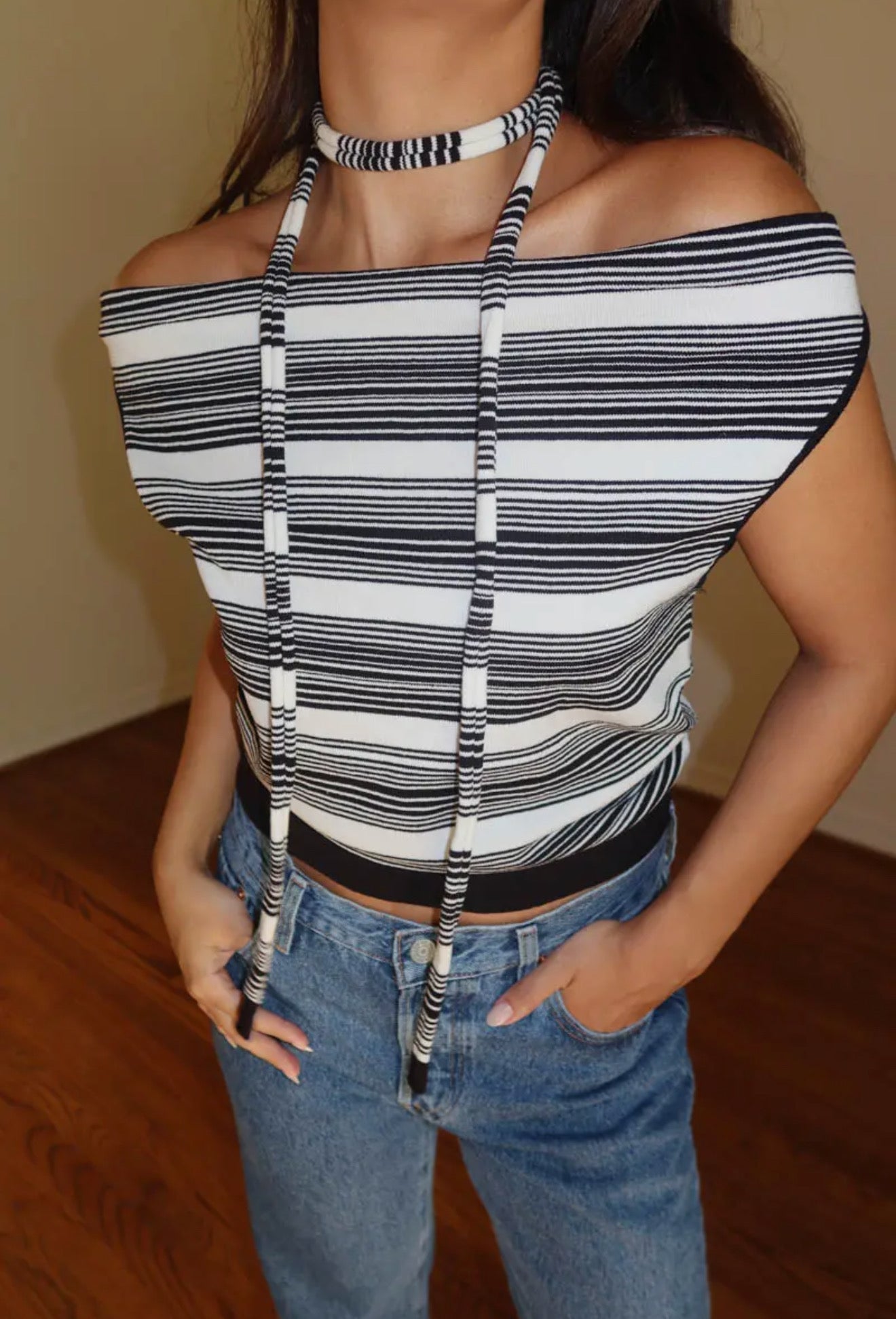 Striped Boat Neck Top with Scarf