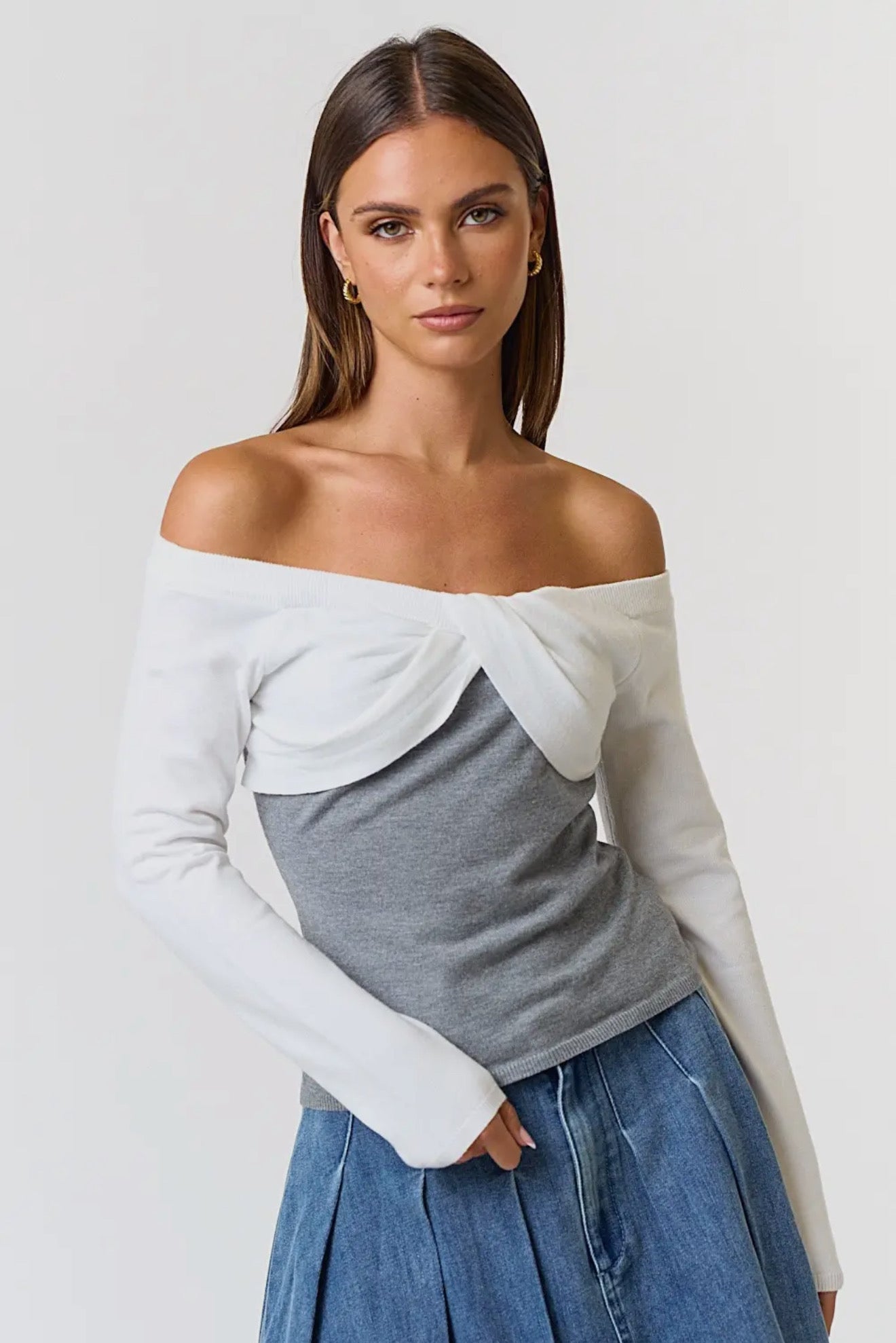 Twisted Front Contrast Off Shoulder Sweater Top