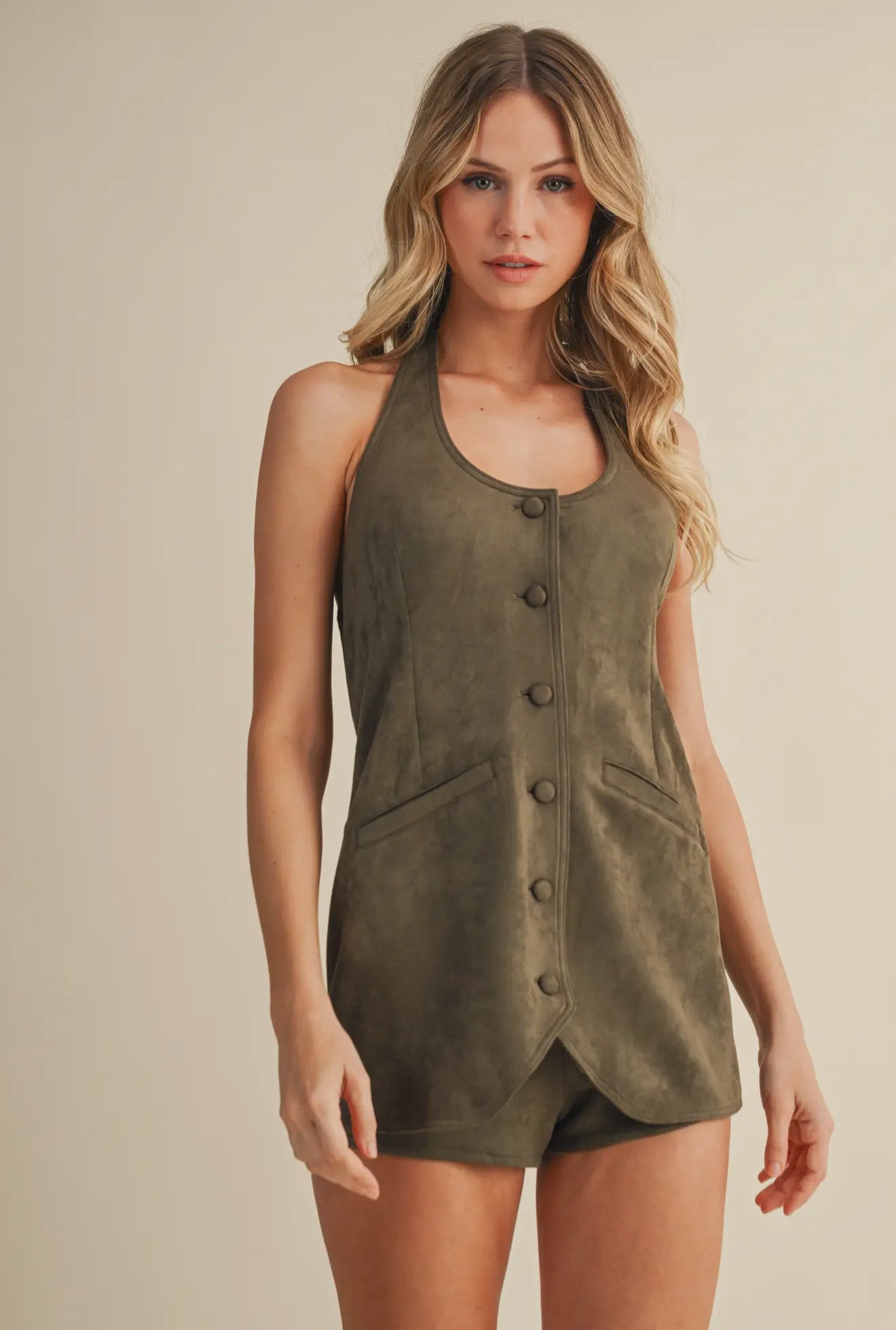 Unlined Suede Tie Neck Romper