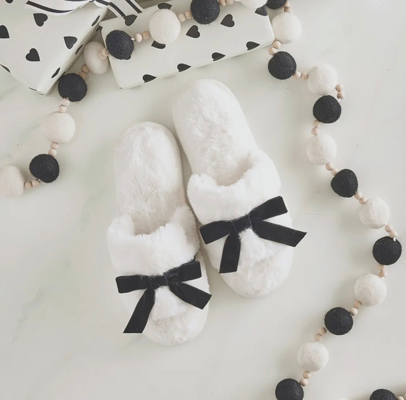 White & Black Bow Slippers
