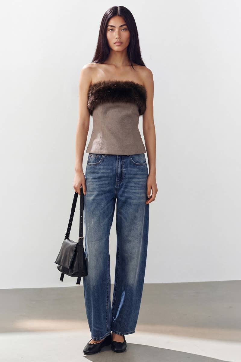 Mocha Faux Fur Trim Top