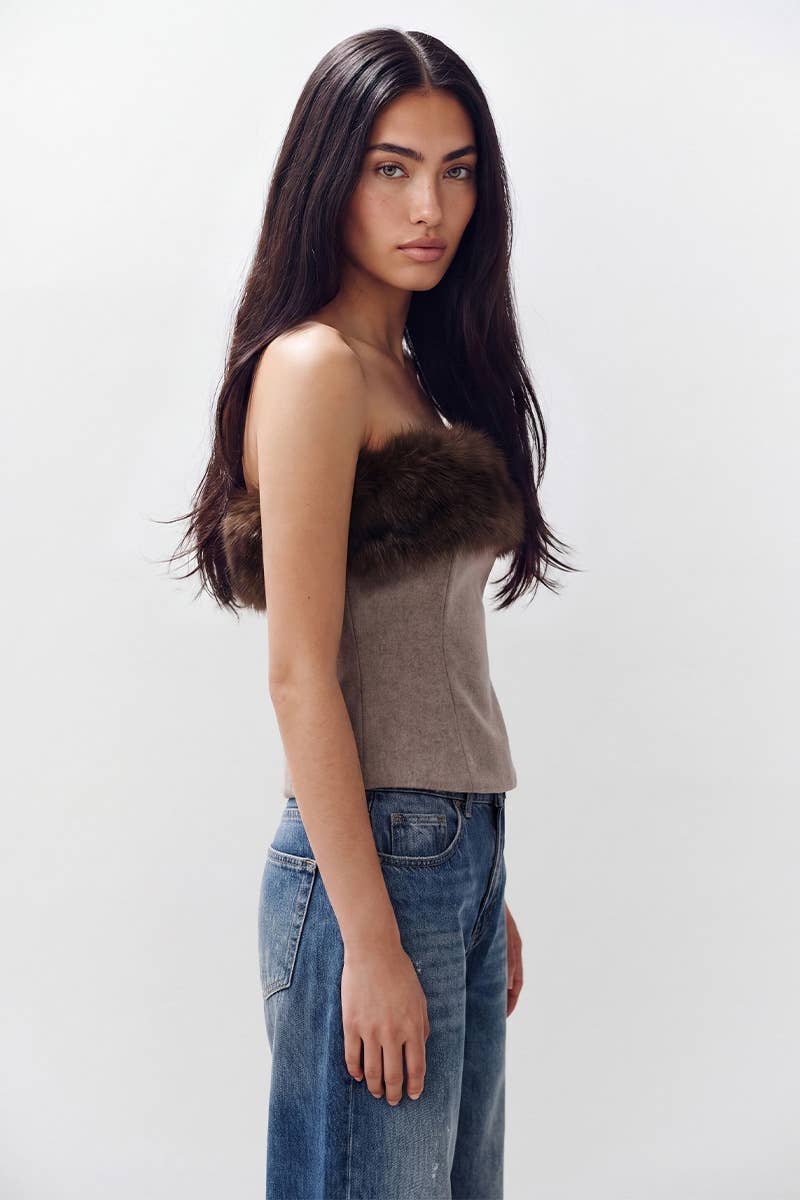 Mocha Faux Fur Trim Top